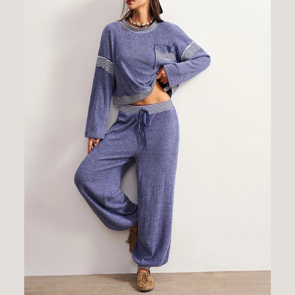 Blue Waffle Knit Striped Trim Cropped Top & Wide Leg Pants Set